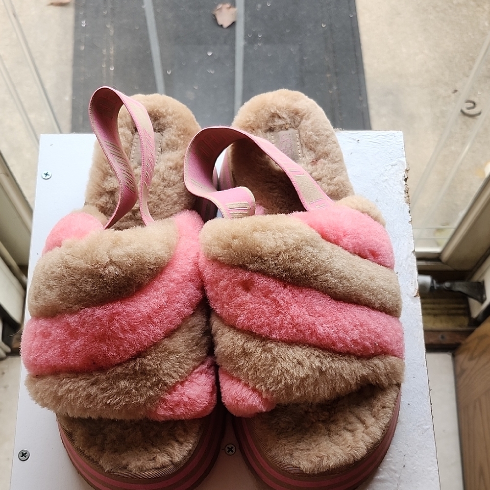 UGG Pink and Tan Plush Slippers